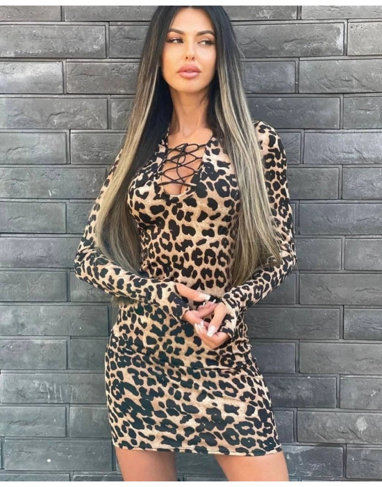 Kadın örme Viskon Kumaş eopar Desenli çapraz Göğüs Detay Mini Boy Elbise