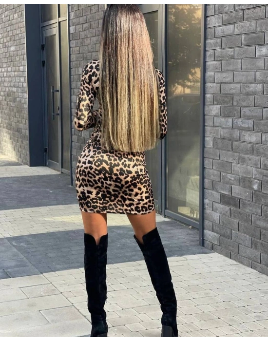 Kadın örme Viskon Kumaş eopar Desenli çapraz Göğüs Detay Mini Boy Elbise