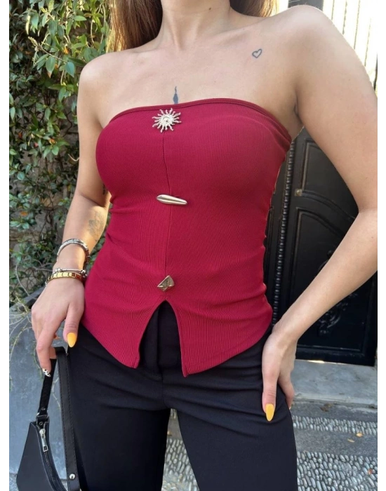 Kadın Ottoman Kumaş Düğme Detaylı Büstiyer Crop