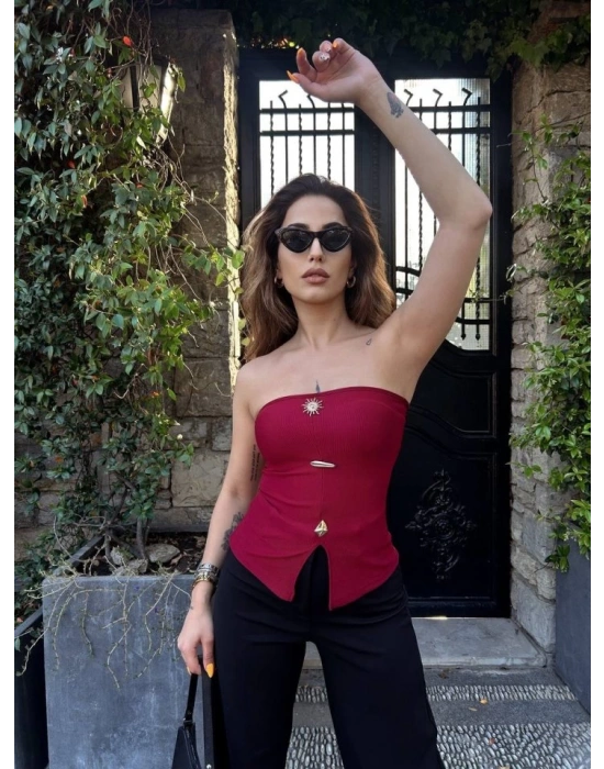 Kadın Ottoman Kumaş Düğme Detaylı Büstiyer Crop