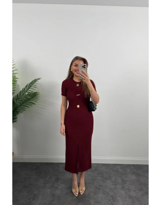 Kadın Ottoman Kumaş Likralı Düğme Tasarımlı Kısa Kol Kalem Elbise