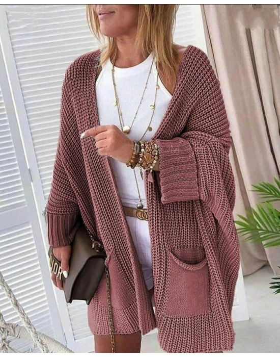 Kadın Oversize Kalıp Cep Detay Salaş Triko Hırka