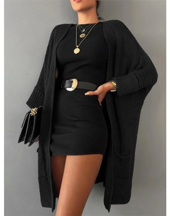 Kadın Oversize Kalıp Cep Detay Salaş Triko Hırka