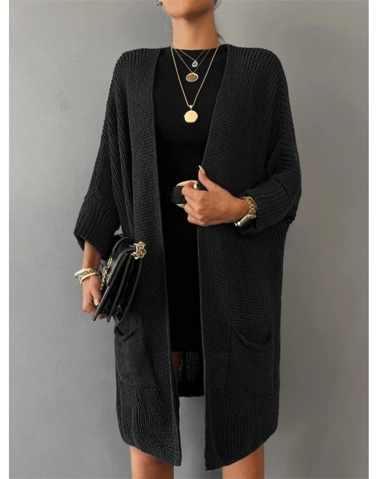 Kadın Oversize Kalıp Cep Detay Salaş Triko Hırka