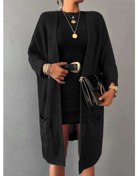 Kadın Oversize Kalıp Cep Detay Salaş Triko Hırka