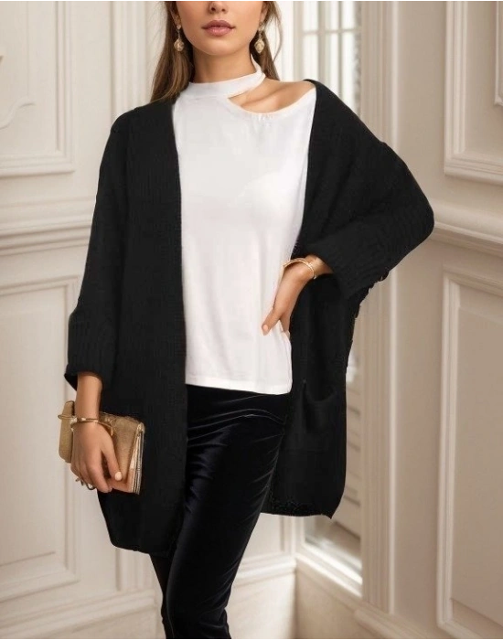 Kadın Oversize Kalıp Cep Detay Salaş Triko Hırka