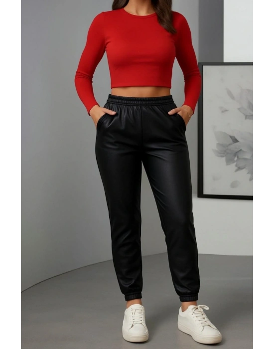 Kadın Paçası astikli Cep Detaylı Deri Tayt