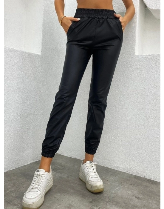 Kadın Paçası Lastikli Cep Detaylı Deri Tayt Pantolon