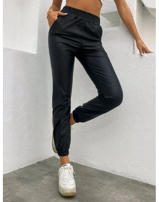 Kadın Paçası Lastikli Cep Detaylı Deri Tayt Pantolon