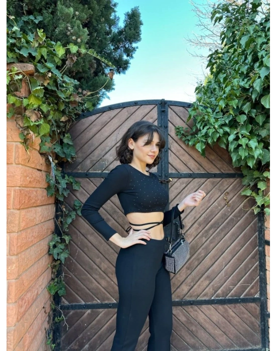 Kadın Paçası Yırtmaç Detaylı Taşlı Bel Bağlamalı Kaşkorse İkili Takım