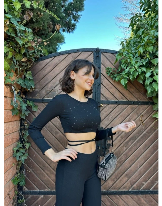 Kadın Paçası Yırtmaç Detaylı Taşlı Bel Bağlamalı Kaşkorse İkili Takım