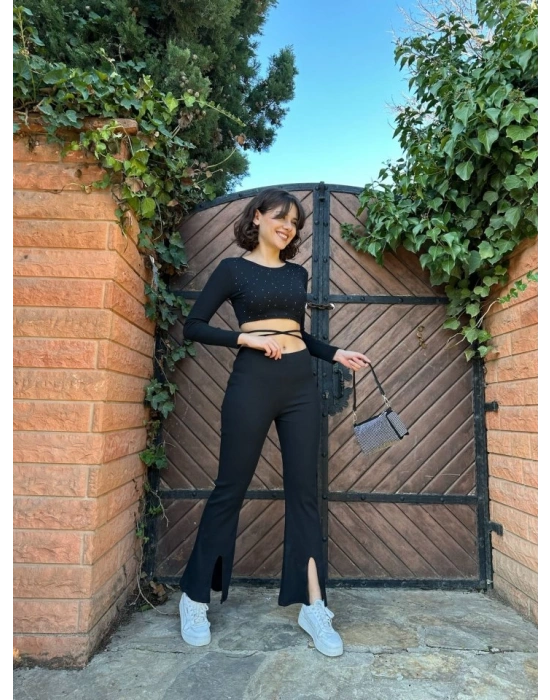 Kadın Paçası Yırtmaç Detaylı Taşlı Bel Bağlamalı Kaşkorse İkili Takım