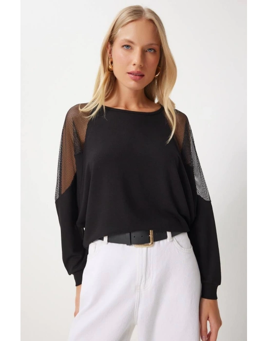 Kadın Pamuklu Kumaş Kolları Fileli Bluz