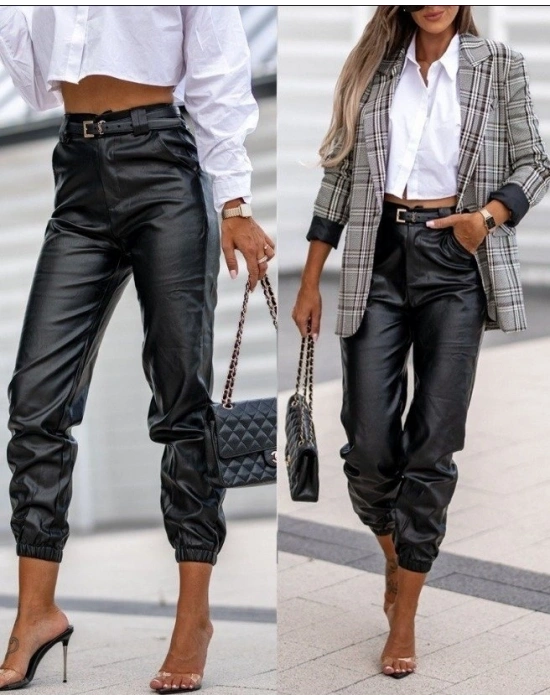 Kadın Pantolon Paçası Lastikli Deri Pantolon (kemersiz)