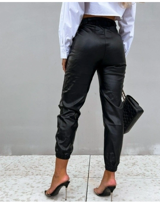 Kadın Pantolon Paçası Lastikli Deri Pantolon (kemersiz)