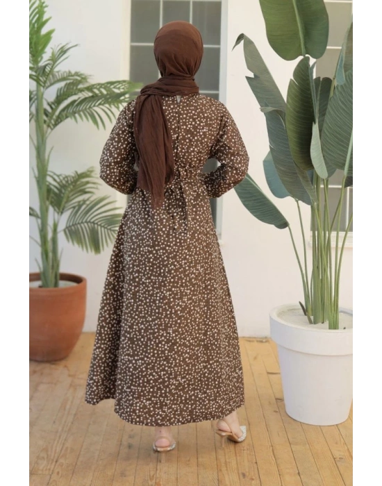 Kadın Papatya Desen Bisiklet Yaka Belden Bağlamalı Elbise