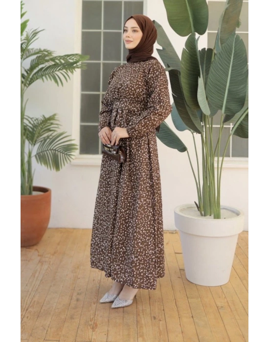 Kadın Papatya Desen Bisiklet Yaka Belden Bağlamalı Elbise