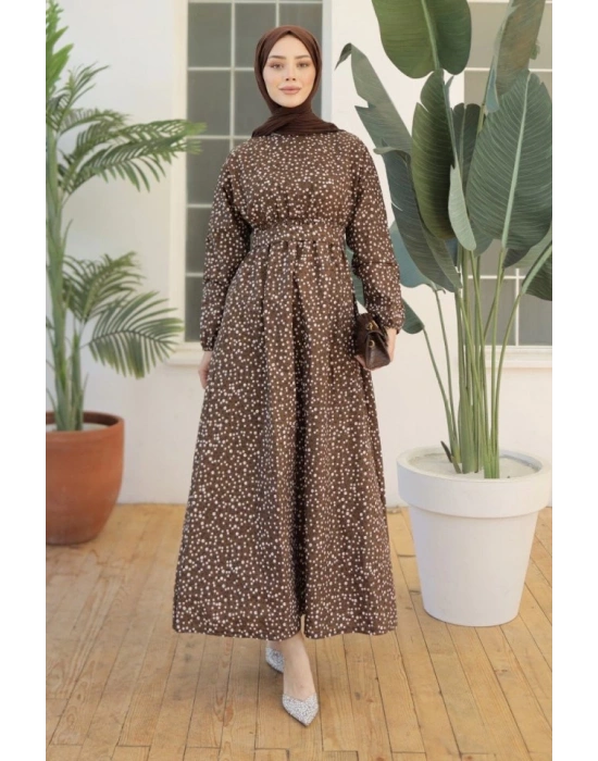 Kadın Papatya Desen Bisiklet Yaka Belden Bağlamalı Elbise