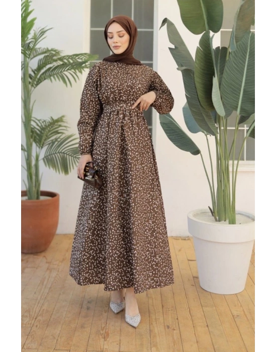 Kadın Papatya Desen Bisiklet Yaka Belden Bağlamalı Elbise