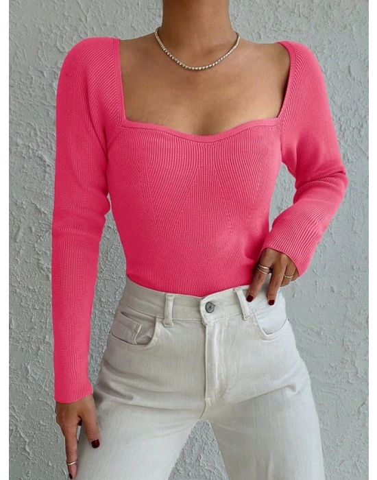 Kadın Pembe Dekolteli Kare Yaka Triko Bluz 2042