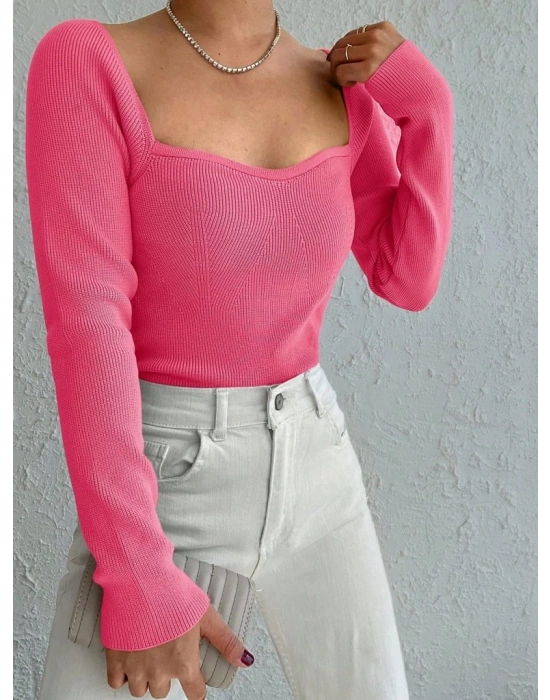 Kadın Pembe Dekolteli Kare Yaka Triko Bluz 2042