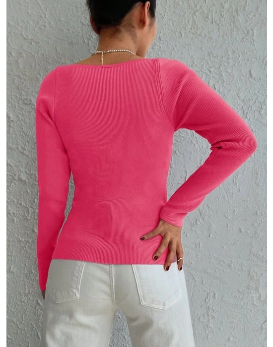 Kadın Pembe Dekolteli Kare Yaka Triko Bluz 2042