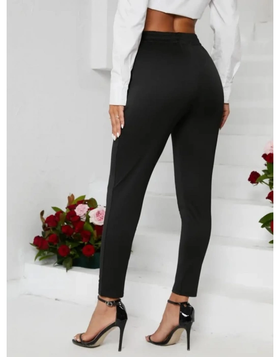 Kadın Pile Detay Beli Lastikli Günlük Slim Fit Viskon Iki Iplik Pantolon