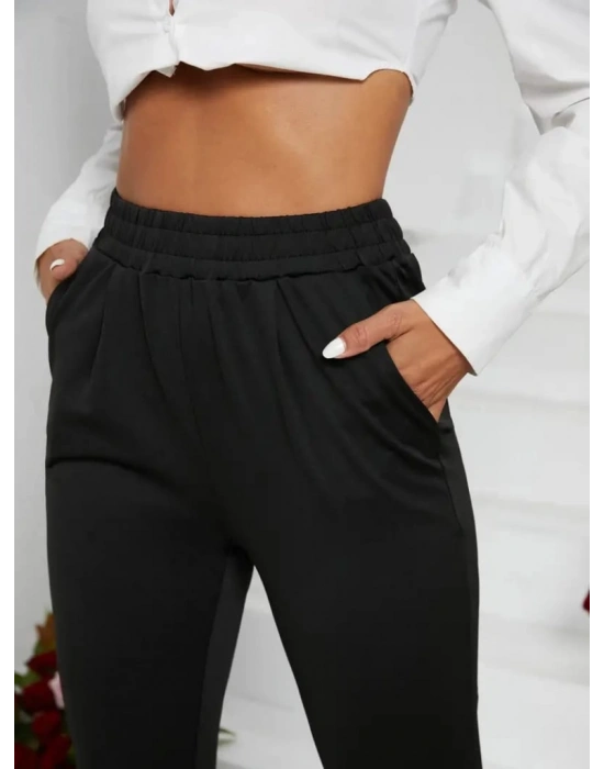 Kadın Pile Detay Beli Lastikli Günlük Slim Fit Viskon Iki Iplik Pantolon