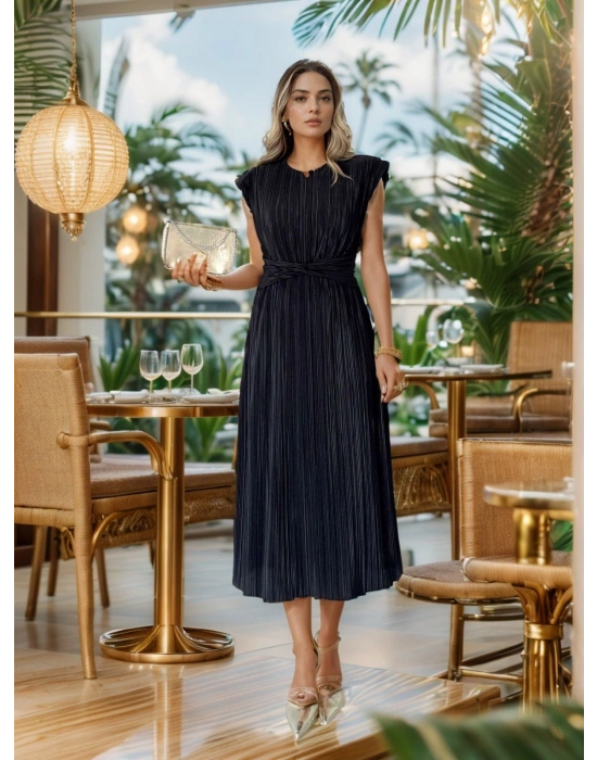 Kadın Plise Kumaş Bel Detaylı Midi Boy Elbise