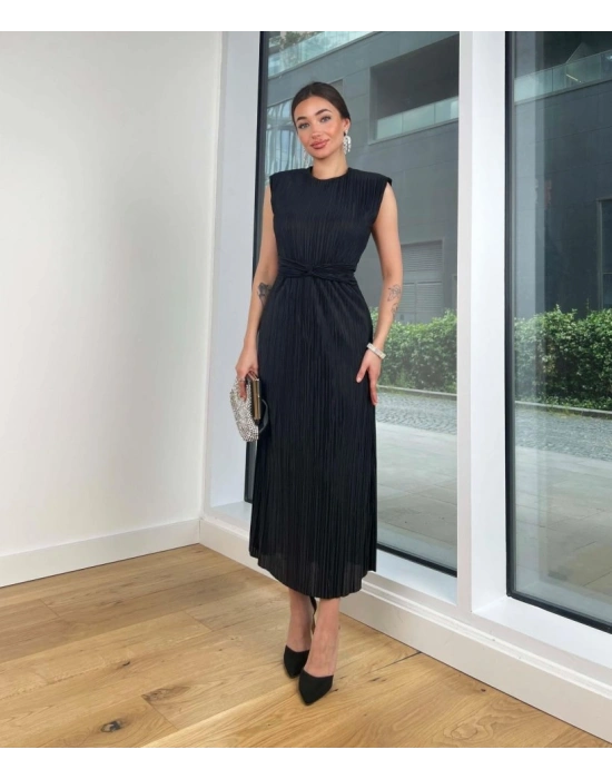 Kadın Plise Kumaş Bel Detaylı Midi Boy Elbise