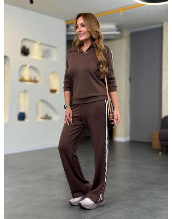 Kadın Polo Yaka çıt çıt Ve Inci Detay Ribanalı Ikili Takım