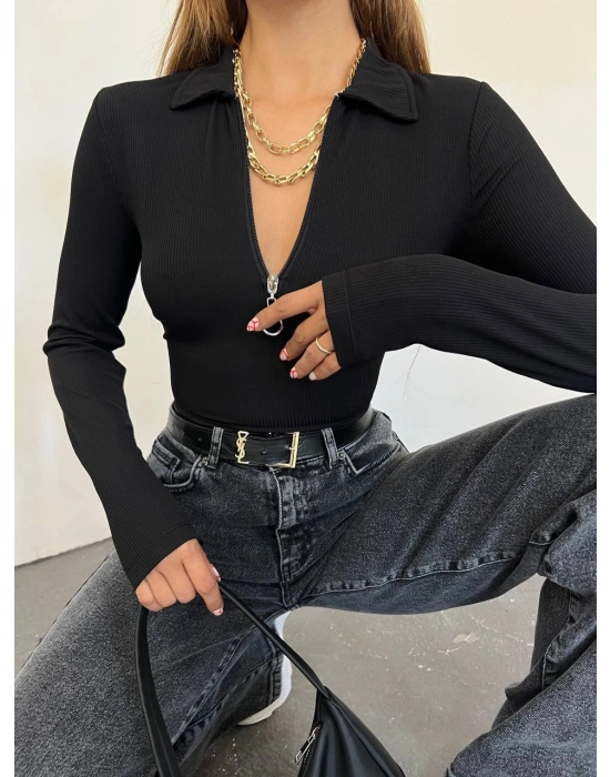 Kadın Polo Yaka Yakası Fermuarlı Burgu Kumaş Bluz