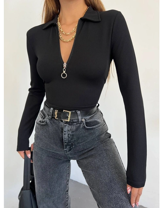 Kadın Polo Yaka Yakası Fermuarlı Burgu Kumaş Bluz