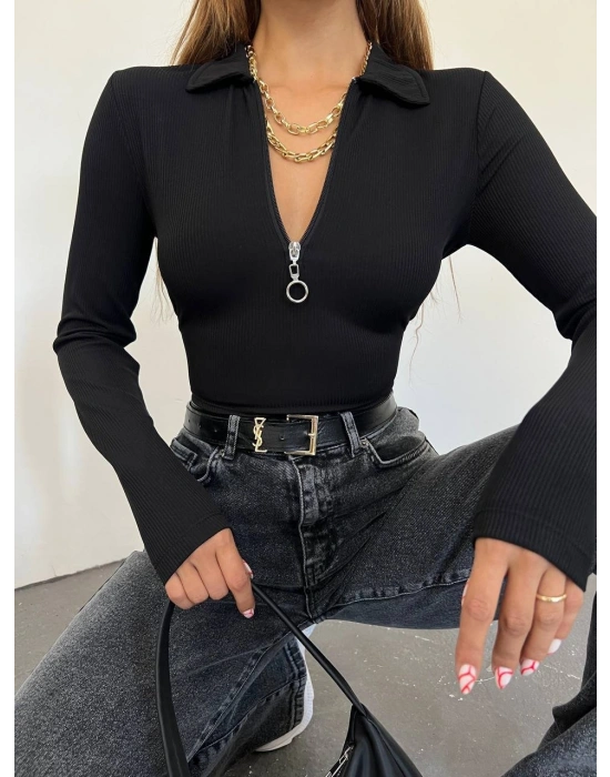 Kadın Polo Yaka Yakası Fermuarlı Burgu Kumaş Bluz