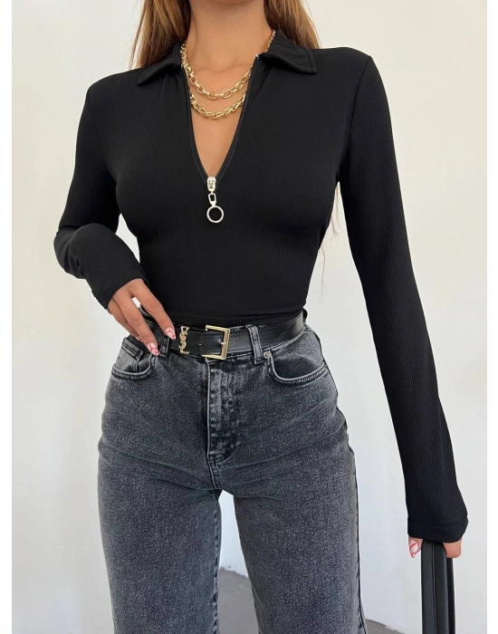 Kadın Polo Yaka Yakası Fermuarlı Burgu Kumaş Bluz