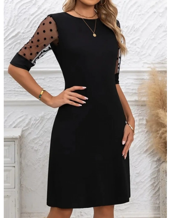 Kadın Puantiyeli Tül Kollu Bisiklet Yaka Janjan Krep Elbise