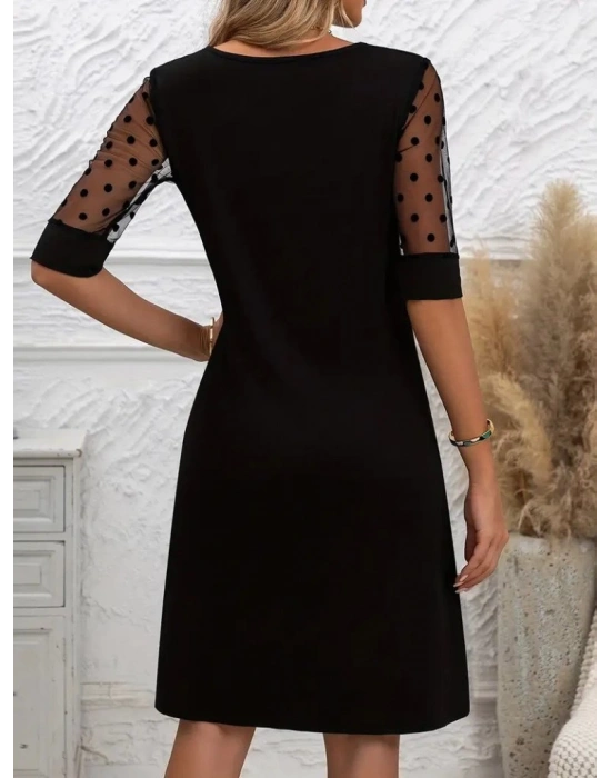 Kadın Puantiyeli Tül Kollu Bisiklet Yaka Janjan Krep Elbise