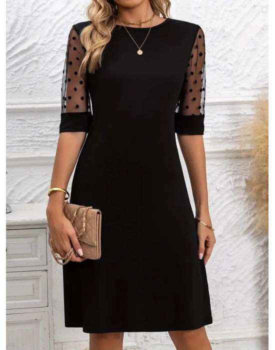 Kadın Puantiyeli Tül Kollu Bisiklet Yaka Janjan Krep Elbise