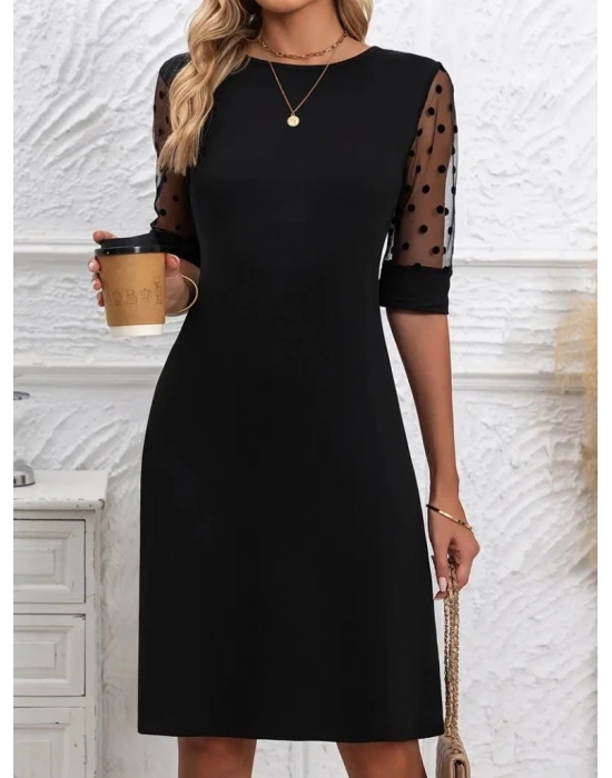 Kadın Puantiyeli Tül Kollu Bisiklet Yaka Janjan Krep Elbise