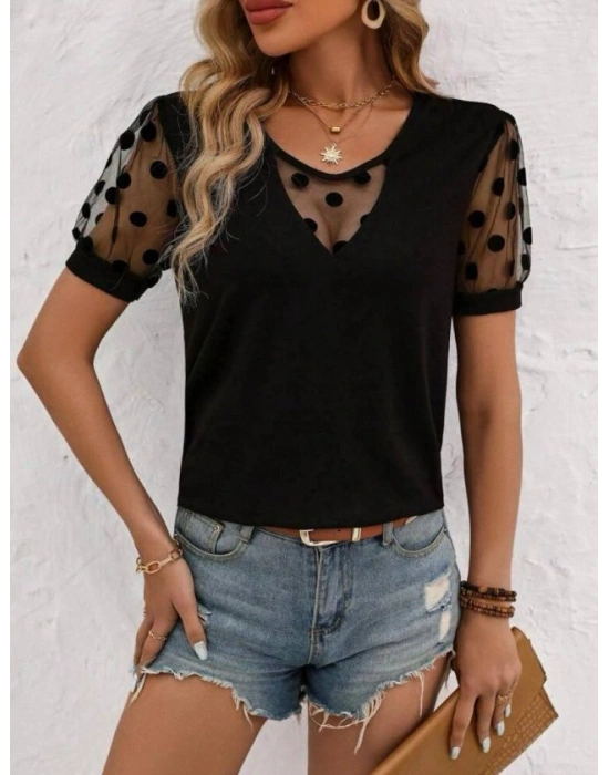 Kadın Puantiyeli Tül Koy Detay Bluz