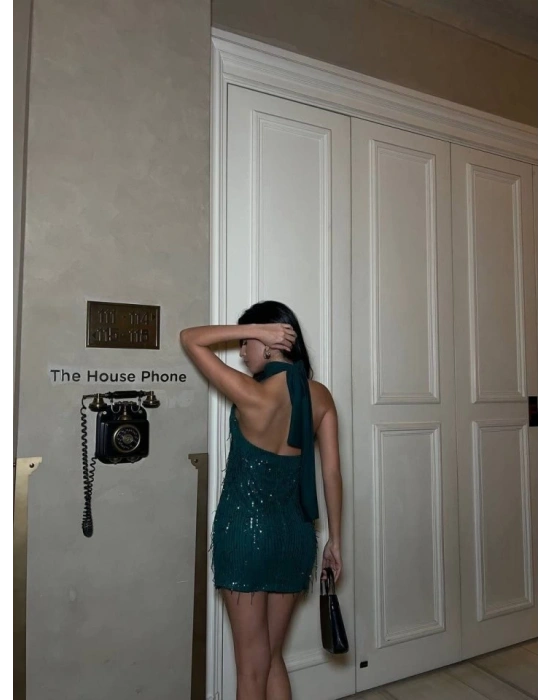 Kadın Pul Payet Kumaş Halter Yaka Mini Elbise