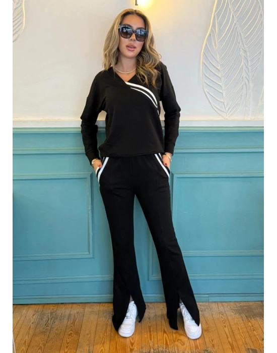 Kadın Ribana Detay Bluz Ve Ispanyol Paça Yırtmaçlı Pantolon Ikili Takım