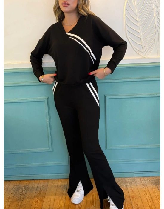 Kadın Ribana Detay Bluz Ve Ispanyol Paça Yırtmaçlı Pantolon Ikili Takım