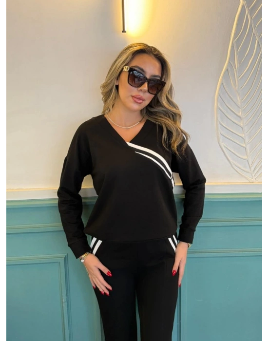 Kadın Ribana Detay Bluz Ve Ispanyol Paça Yırtmaçlı Pantolon Ikili Takım