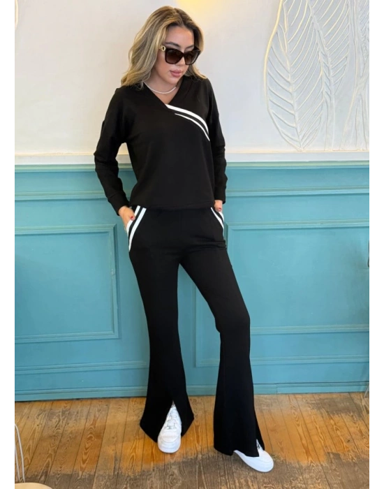 Kadın Ribana Detay Bluz Ve Ispanyol Paça Yırtmaçlı Pantolon Ikili Takım