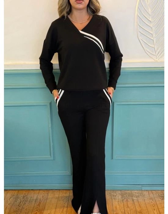 Kadın Ribana Detay Bluz Ve Ispanyol Paça Yırtmaçlı Pantolon Ikili Takım