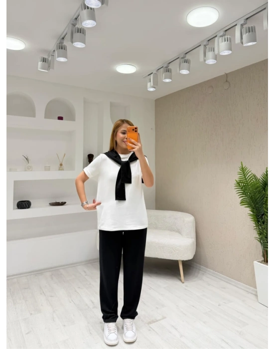 Kadın şal Dahil Bisiklet Yaka Bluz Ve Pantolon üçlü Takım