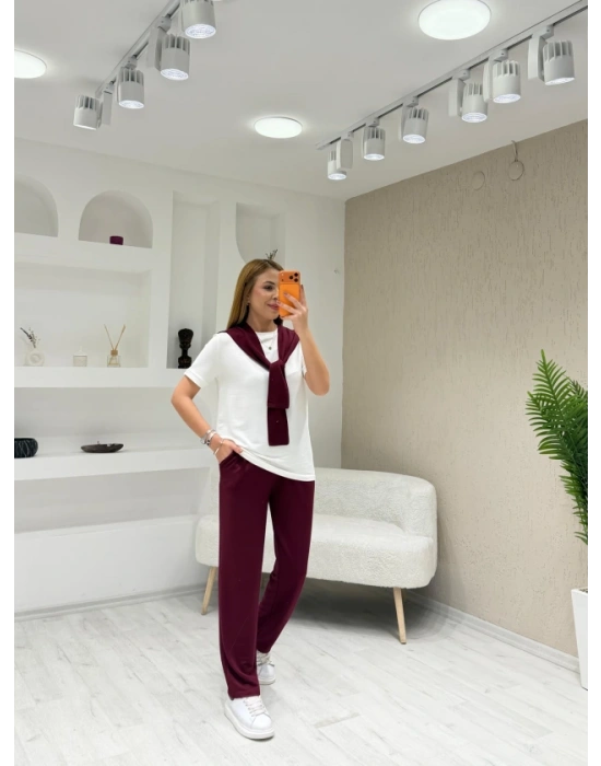 Kadın şal Dahil Bisiklet Yaka Bluz Ve Pantolon üçlü Takım