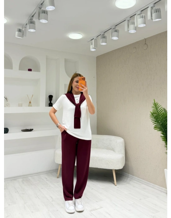 Kadın şal Dahil Bisiklet Yaka Bluz Ve Pantolon üçlü Takım