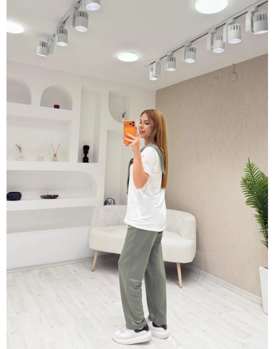 Kadın şal Dahil Bisiklet Yaka Bluz Ve Pantolon üçlü Takım